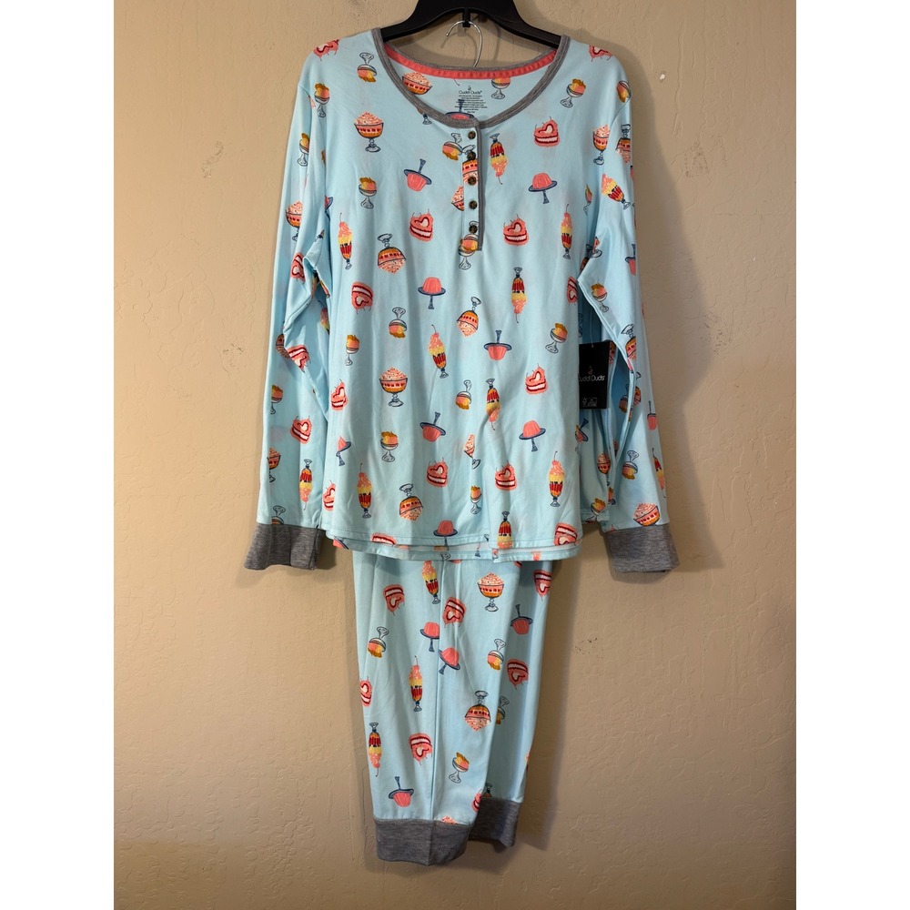 Cuddl Duds Pajama Set Women XL Blue Dessert Print Henley Jogger Loungewear NEW